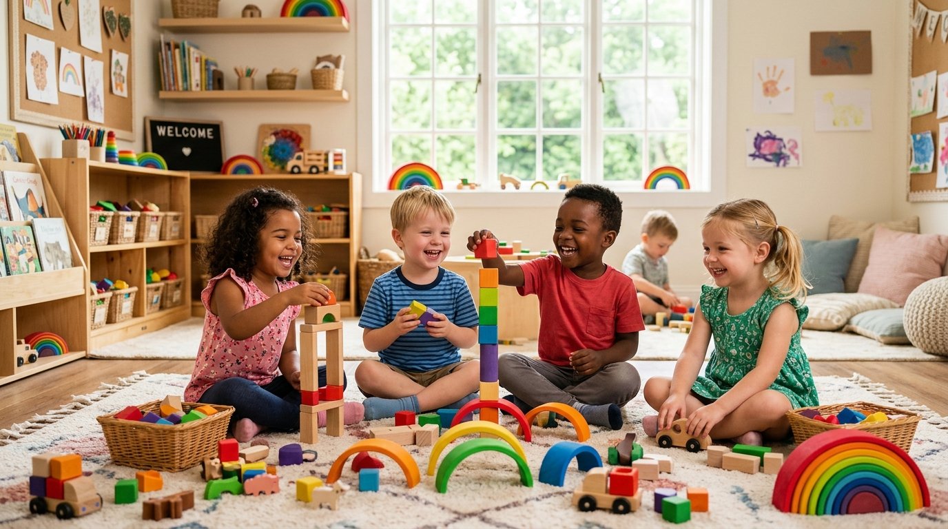 Toddlers playing with toys and learning